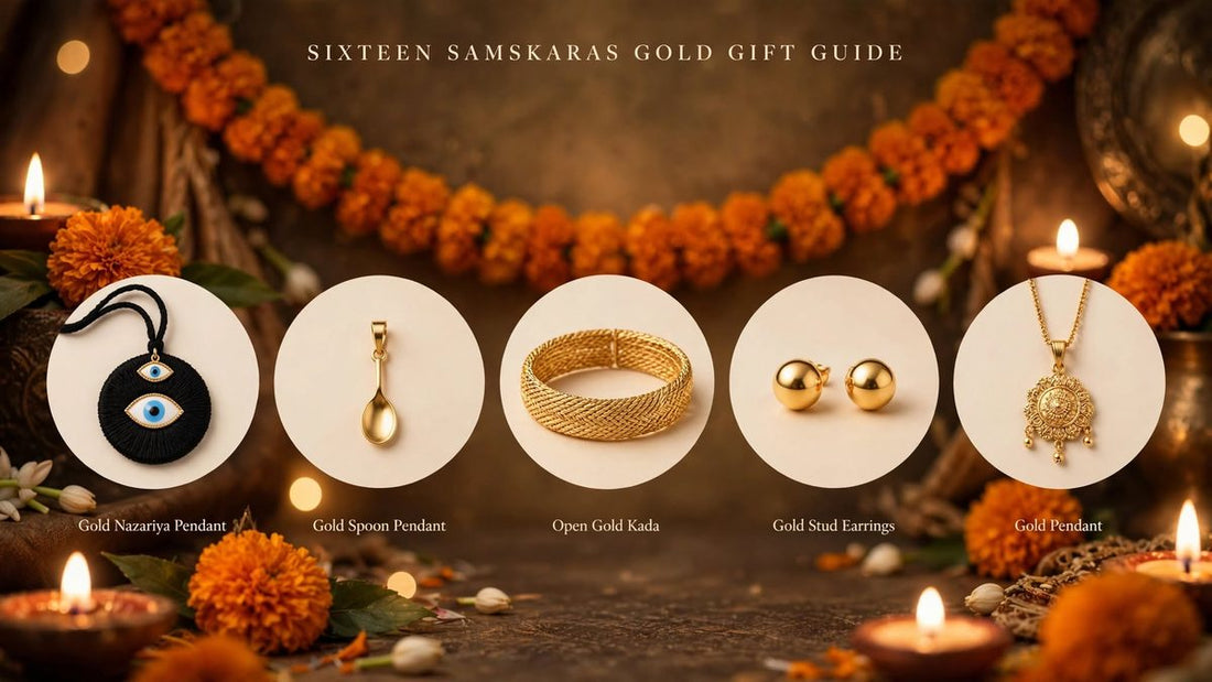 Sixteen samskaras gold gift guide — gold nazariya pendant, spoon pendant, open kada, stud earrings and a gold pendant arranged against a marigold garland and diyas