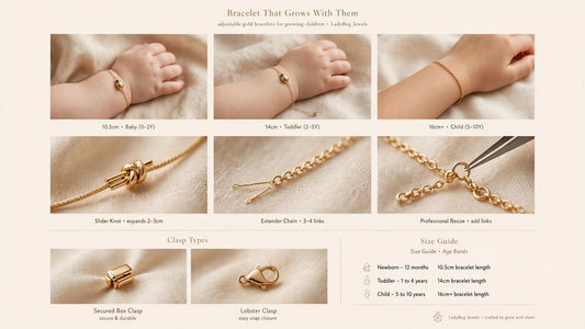 Adjustable gold bracelet size guide for children by age — slider knot, extender chain and clasp types | LadyBug Jewels