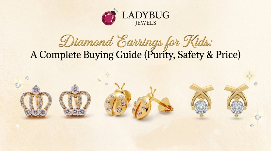 Diamond stud earrings for kids in BIS Hallmark gold, styled for a buying guide on purity, safety and price