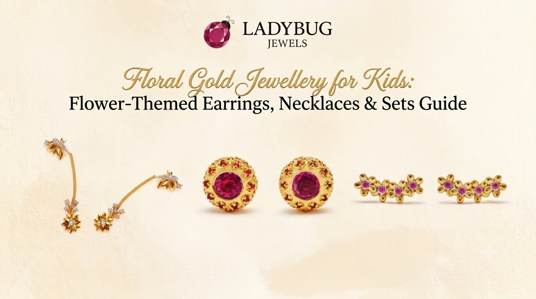 Floral gold jewellery for kids — flower-themed earrings, necklace and set from LadyBug Jewels