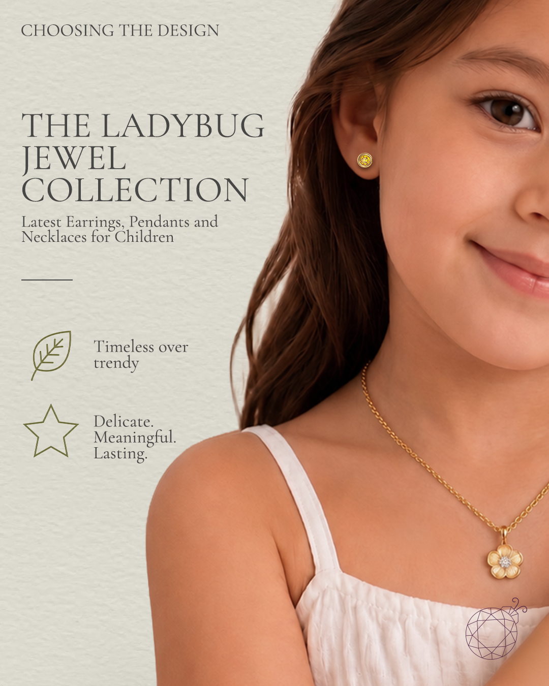 LadyBug Jewels collection of gold earrings, pendants and necklaces for children