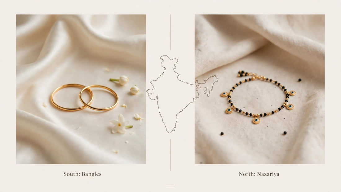 South Indian baby gold bangles beside a North Indian black-bead nazariya bracelet, split by an outline map of India