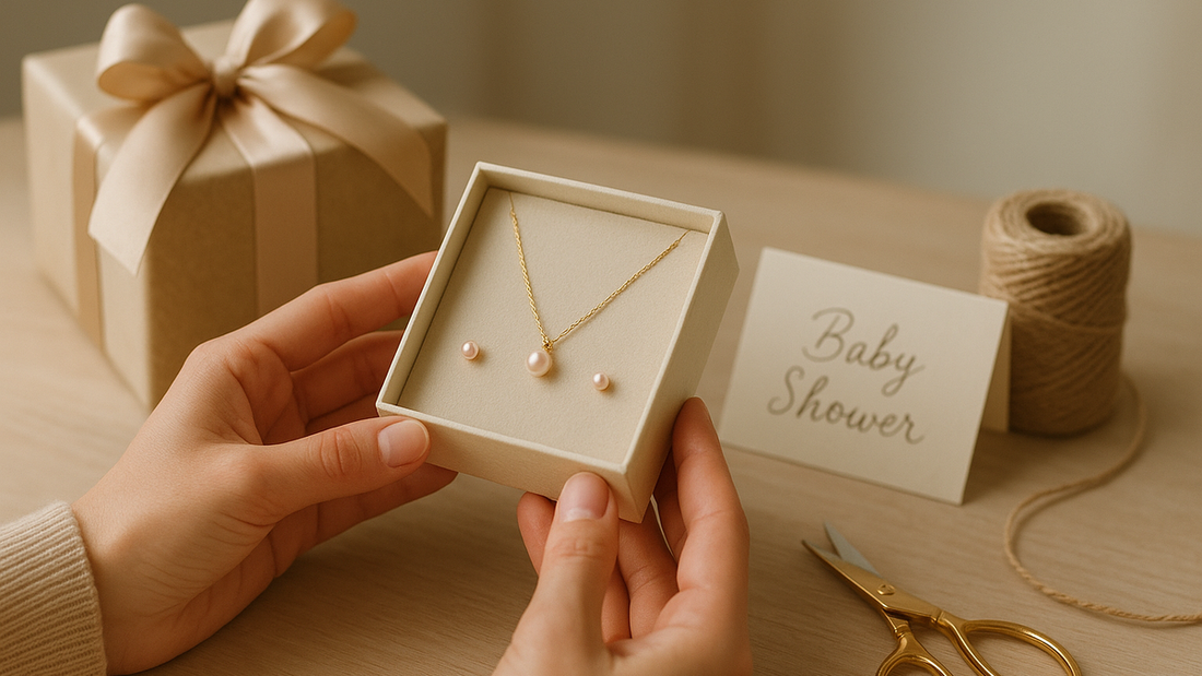 Gold bangles and earrings laid out as a baby shower gift idea