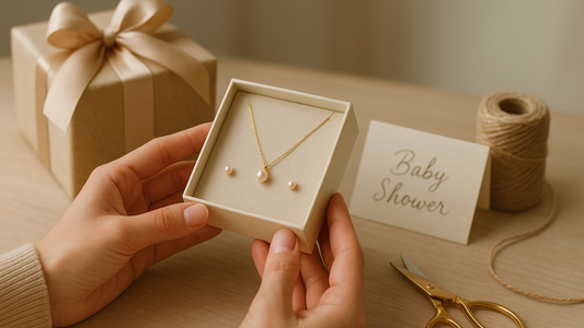 Gold bangles and earrings laid out as a baby shower gift idea
