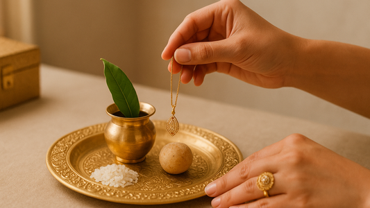 Gold pendant and nazariya gifts laid out for an Indian baby's namkaran naming ceremony