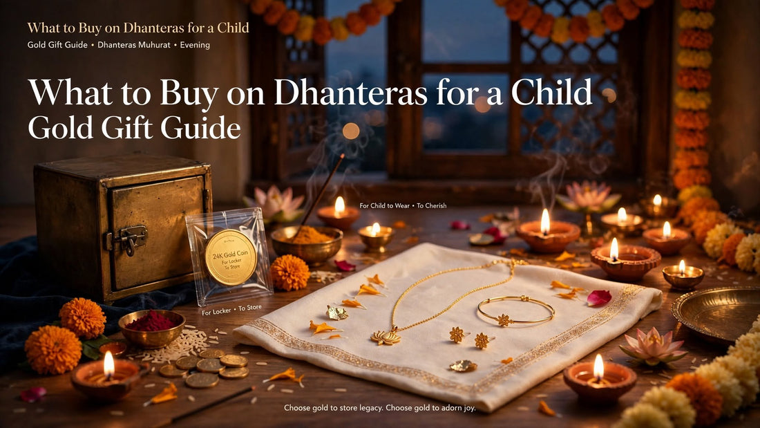 What to buy on Dhanteras for a child: a 24K gold coin for the locker beside a child's gold pendant chain, bangle and stud earrings
