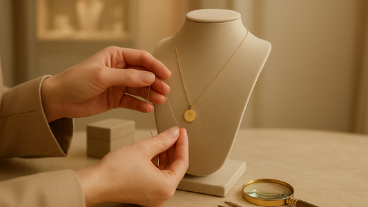 Mother and child looking at a small gold pendant together at home
